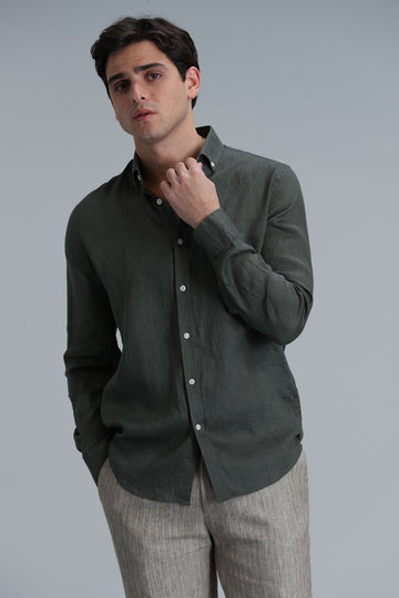 Pitaya Erkek Keten Gömlek Comfort Fit Haki