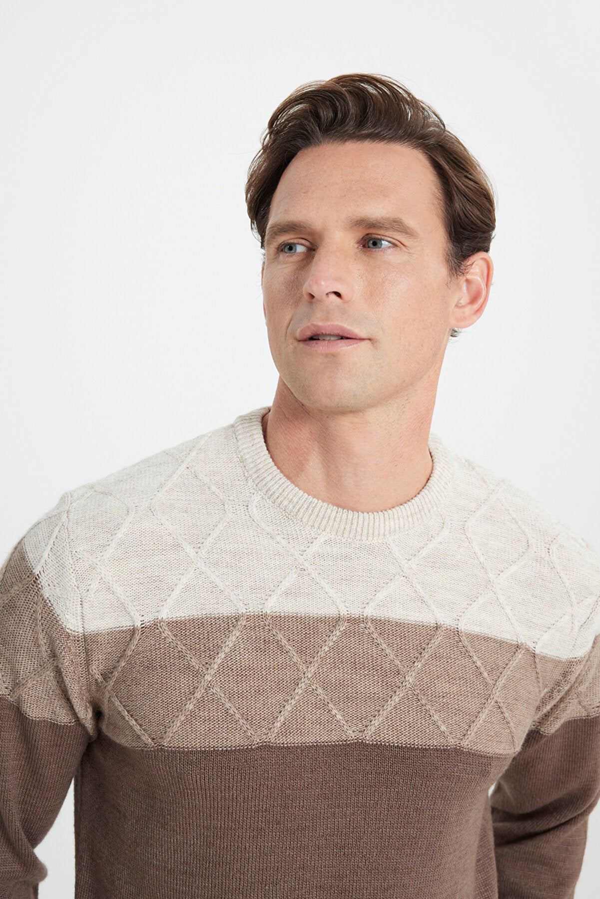 Men's Beige-Coffee Warm Colorblock Pattern Knitwear Sweater Standard Fit Crew Neck