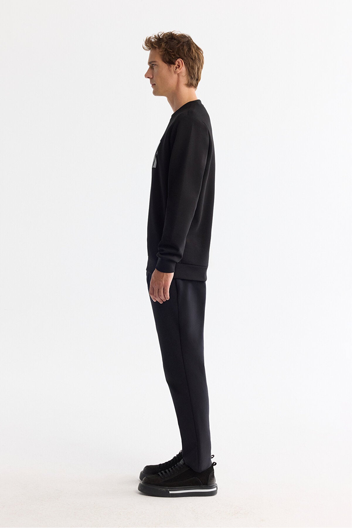 Erkek Siyah Bisiklet Yaka Pamuklu Baskılı Elastan Regular Fit Sweatshirt A42Y1215