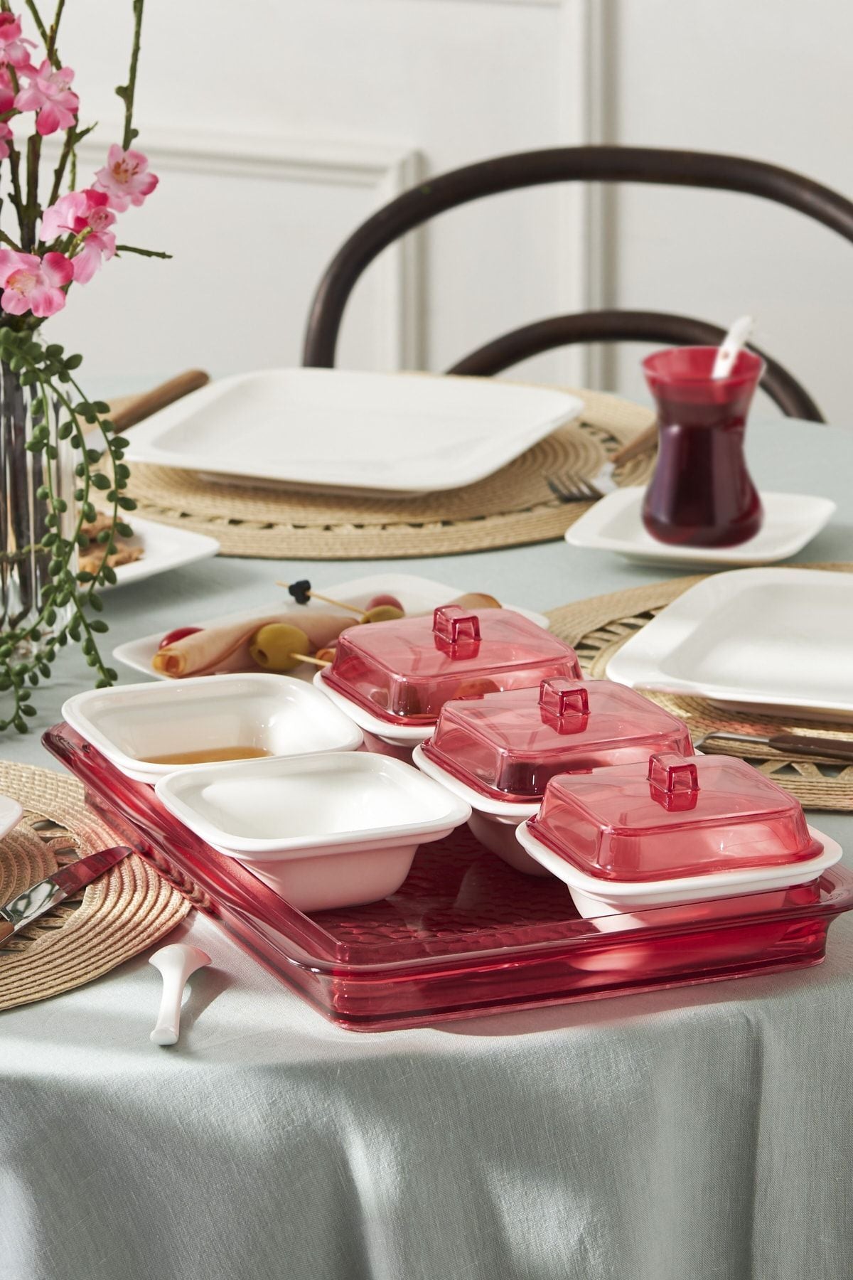 Fabio Red Porcelain 41 Pieces 6 Seater Breakfast Serving Set Square