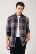 Men's Navy-Brown Lumberjack Shirt Buttoned Collar 100% Cotton Plaid Pattern Flannel A32y2059