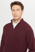 Men's Burgundy Cotton Standard Fit Regular Fit Bato Collar Jacquard Knitwear Sweater