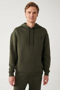 Men's Khaki Sweatshirt Hooded Collar Wafer Printed Charcoal 3 Thread Comfort Fit A32y1190