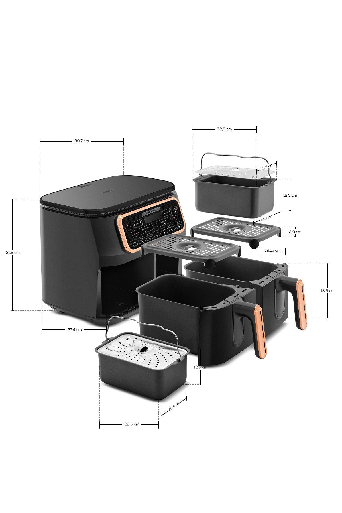 Air Pro Cook Duo Home Dinner XXXL 4+4 Litre Airfryer Black Cooper 8 Seater