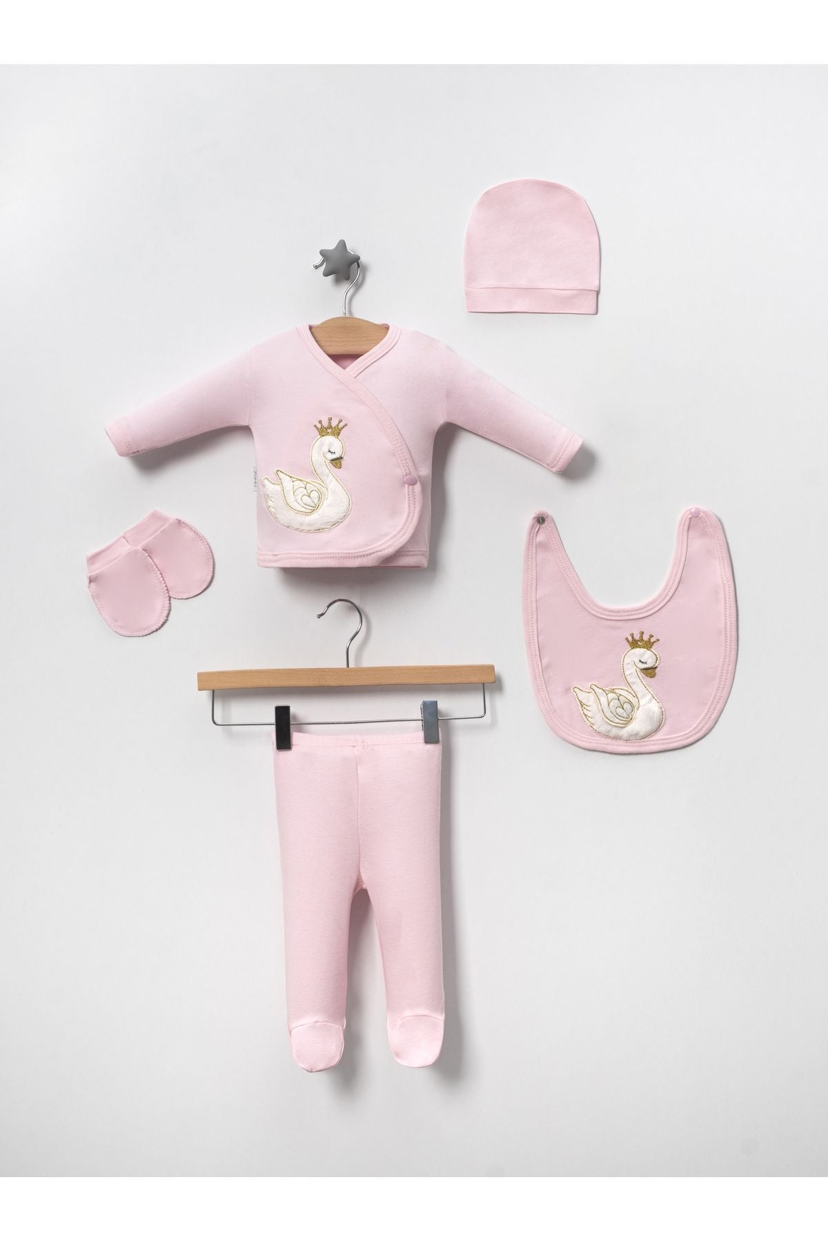 (BOXED) 100% Cotton Newborn Baby Clothes with Swan Slit Embroidery 5 pcs Hospital Outlet Zipper Set