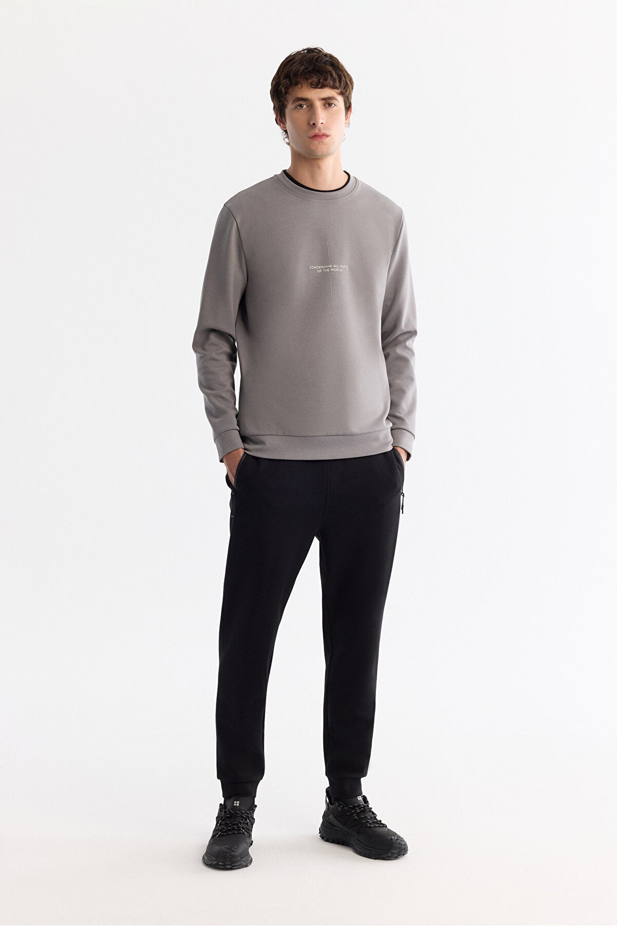 Erkek Gri Bisiklet Yaka Pamuklu Baskılı Elastan Regular Fit Sweatshirt A42Y1313