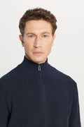 Men's Navy Blue Cotton Zipper Bato Collar Jacquard Standard Fit Regular Fit Sweater Sweater