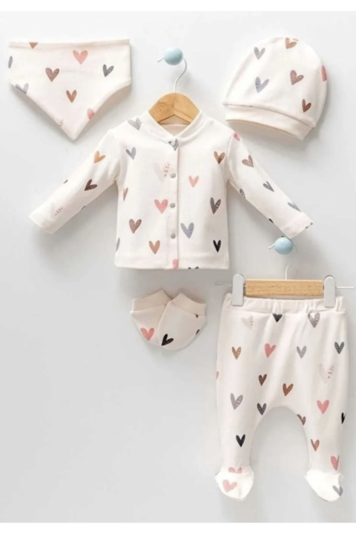 Baby Girl Newborn Colorful Heart Cream 5 Pcs Hospital Outlet Set - Yeni Doğan - Beige - 772350207-newborn