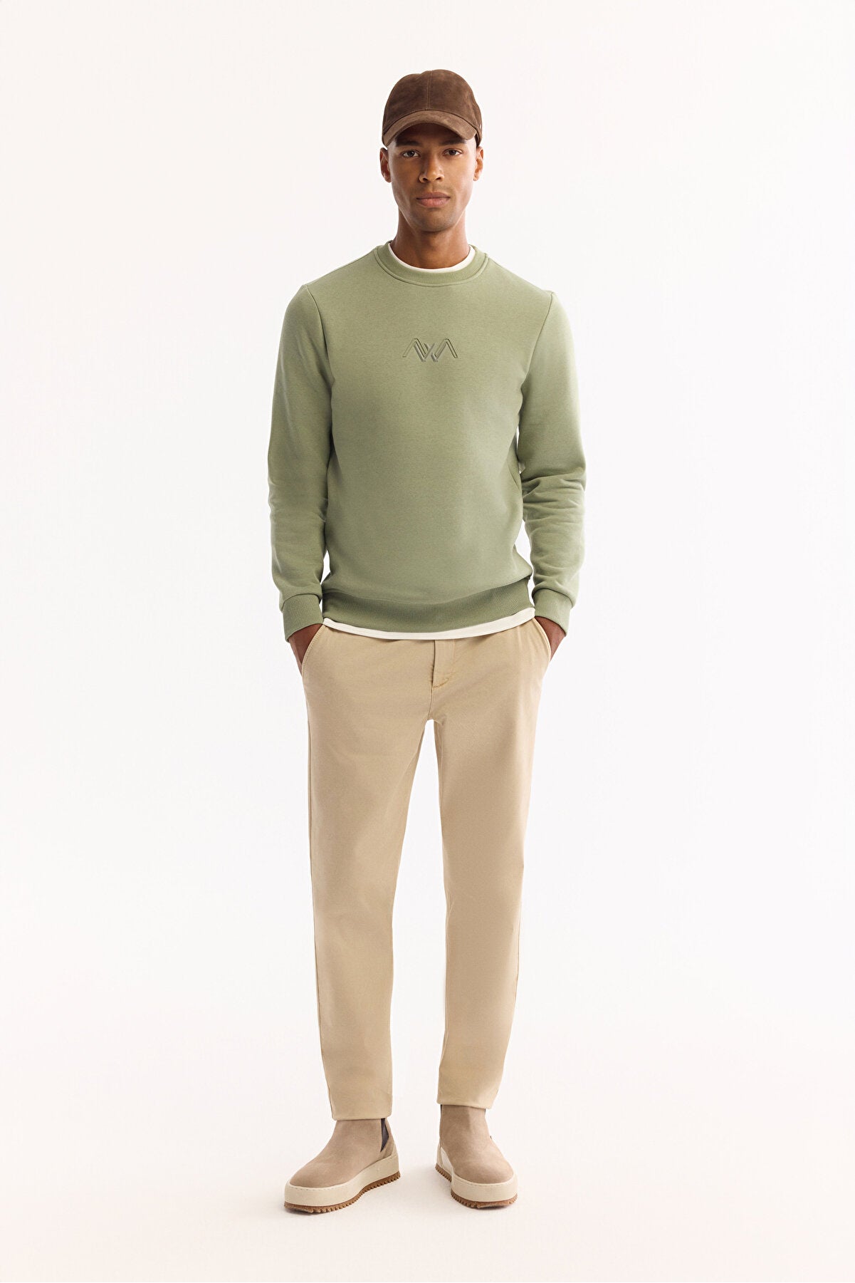 Erkek Yeşil Bisiklet Yaka Pamuklu Şardonlu Baskılı Regular Fit Sweatshirt B001033