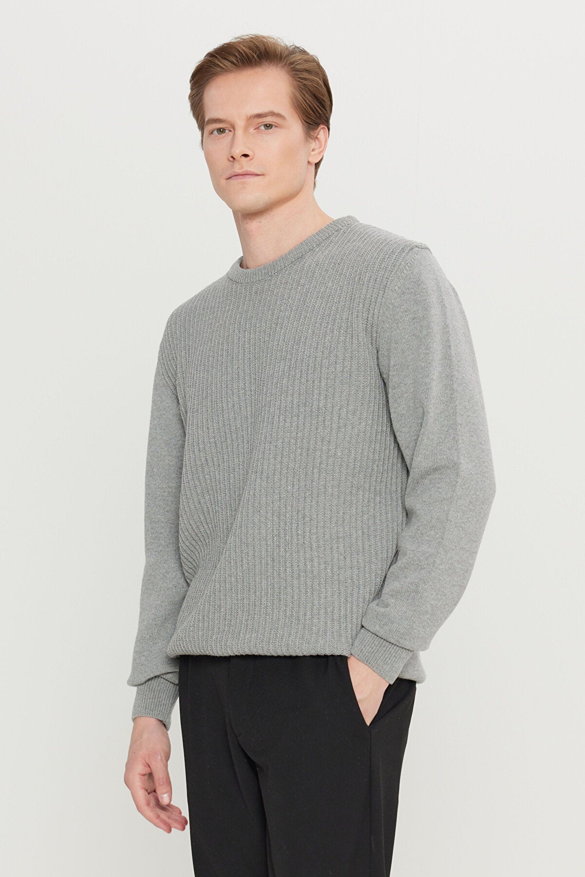 Men's Grey Melange Cotton Standard Fit Regular Fit Crew Neck Jacquard Sweater