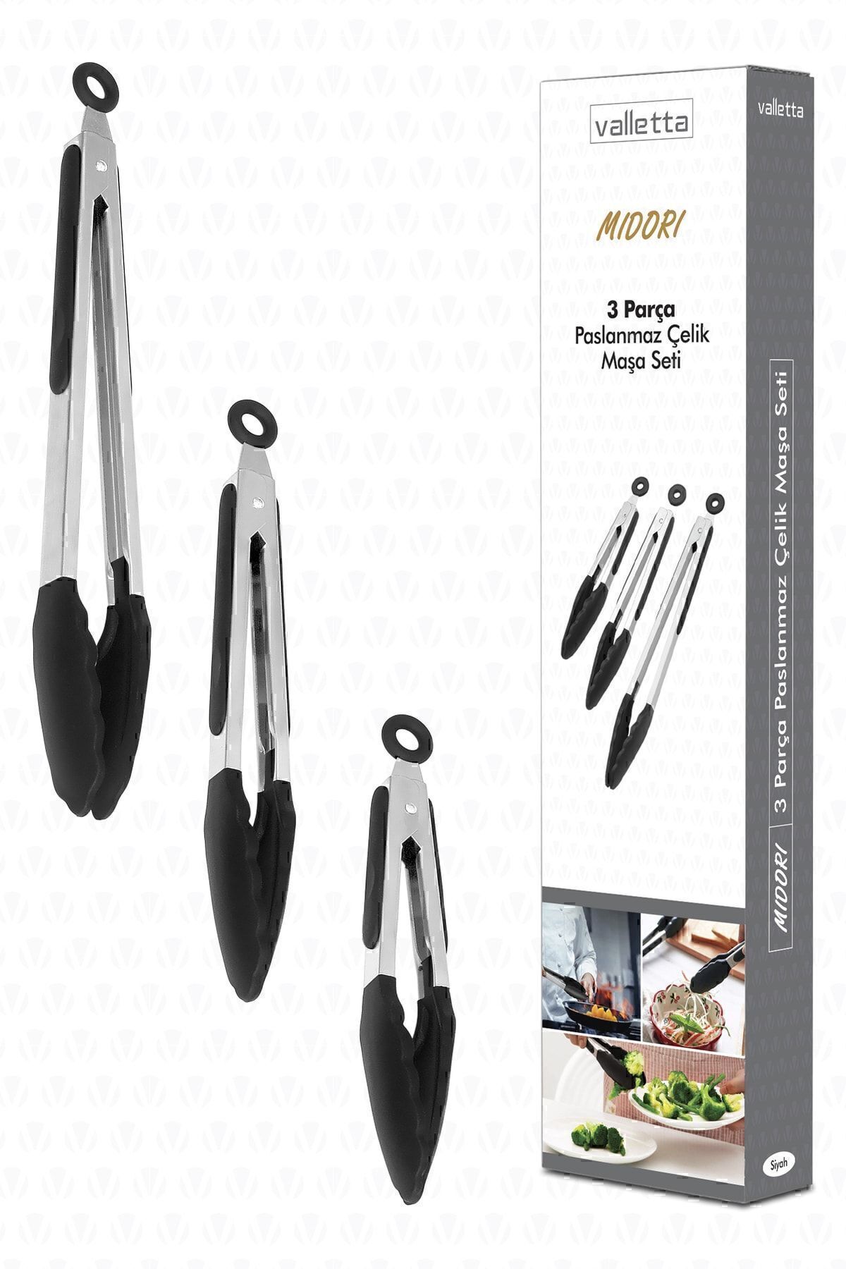 Midori Metal Handle Smart Set of 3 Tongs with Silicone Tip Lock System Black