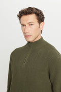 Men's Khaki Cotton Zipper Bato Collar Standard Fit Regular Fit Jacquard Knitwear Sweater