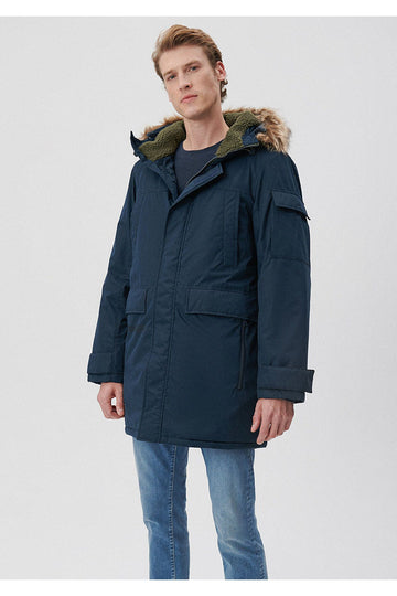 Navy Blue Long Parka Regular Fit/Regular Fit with Fur Collar 0110105-70490