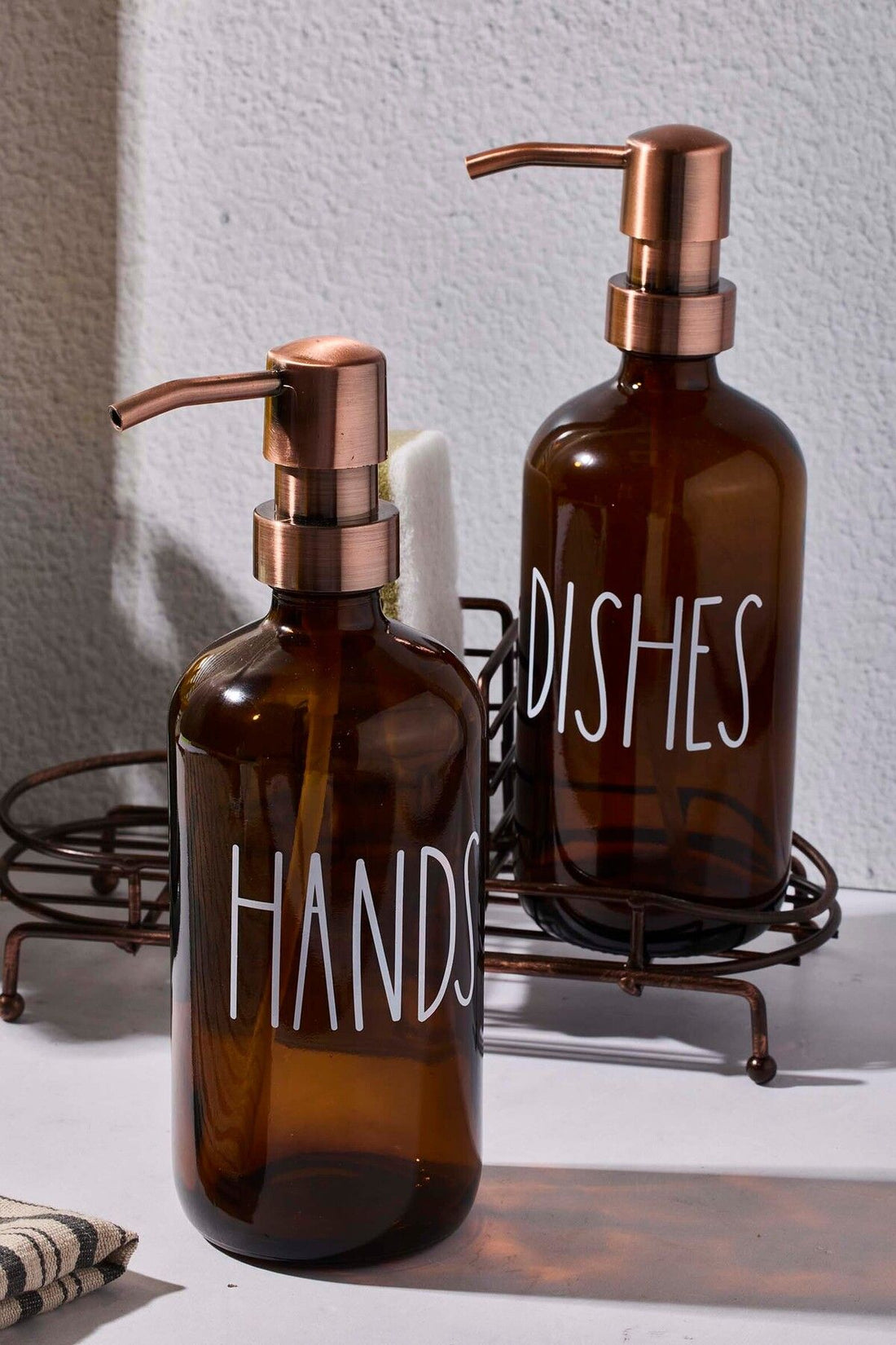 2 Pcs Amber Kitchen Liquid Soap Dispenser Glass With Lossy Metal Copper Stand