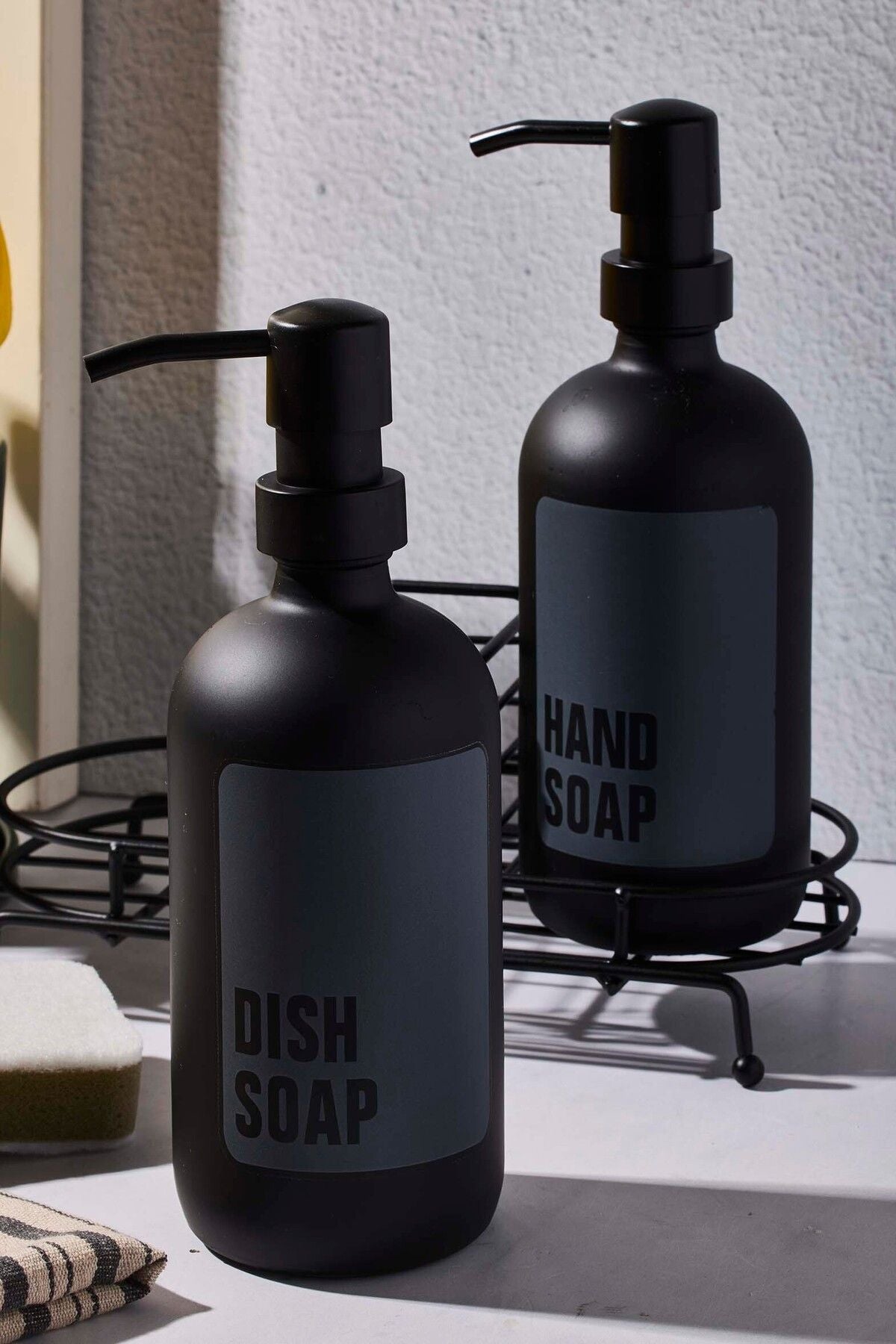 2 Pcs Matte Black Kitchen Liquid Soap Dispenser Glass With Lossy Metal Stand