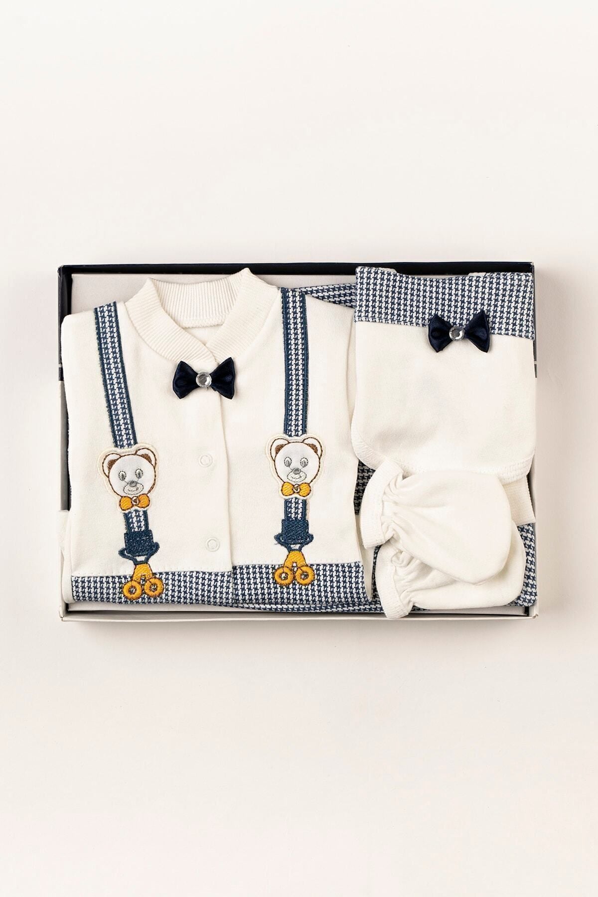 (BOXED) Newborn Clothes Navy Blue Baby Clothes with Bow Tie 5 pcs Hospital Outlet Zipper Set