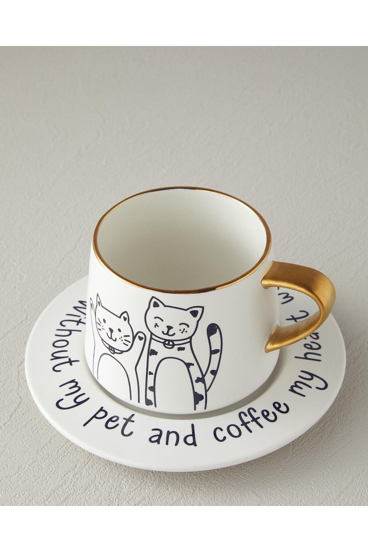 Cute Cat New Bone China 2 Pieces 1 Person Tea Cup Set 320 ml Black-Gold