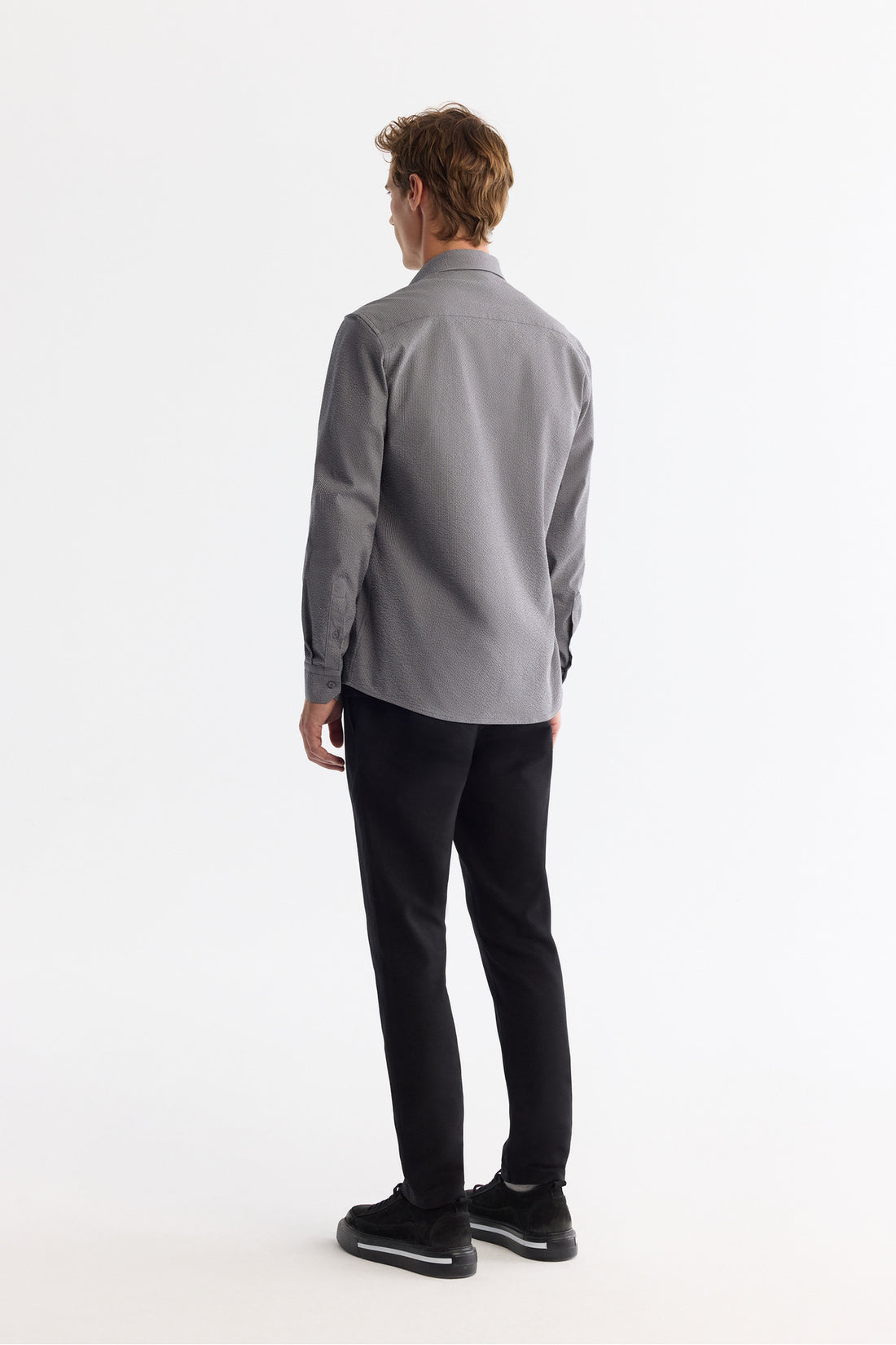 Erkek Gri Düğmeli Yaka Kolay Ütülenir Çizgili Slim Fit Gömlek A42Y2098