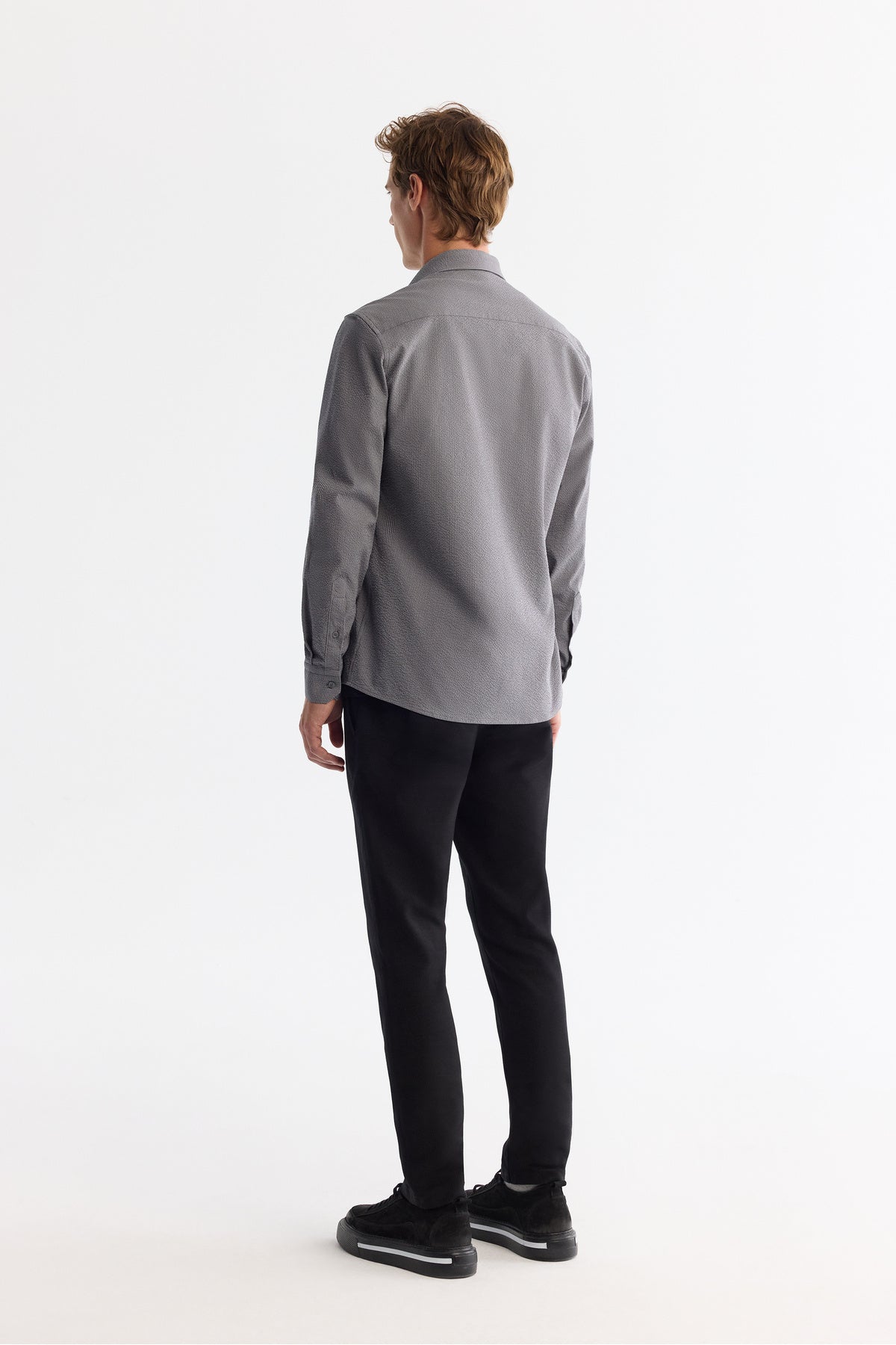 Erkek Gri Düğmeli Yaka Kolay Ütülenir Çizgili Slim Fit Gömlek A42Y2098