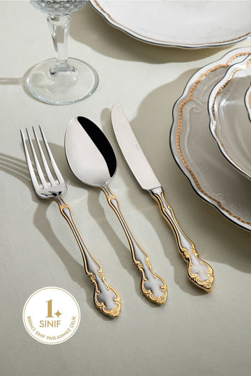 Adriana Gold Satin 12 Seater 84 Piece Box Fork Spoons Knife Set