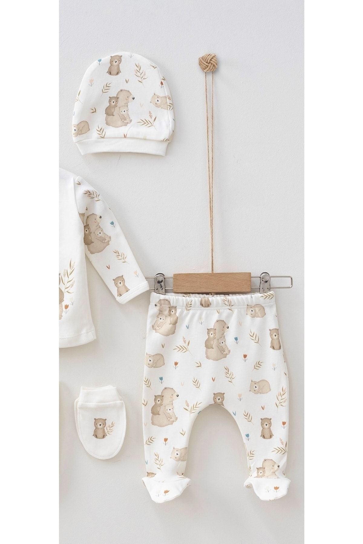 Hospital Outlet Kitten Bear Printed Organic 0-3 Months Unisex Baby 5 Li Newborn Set