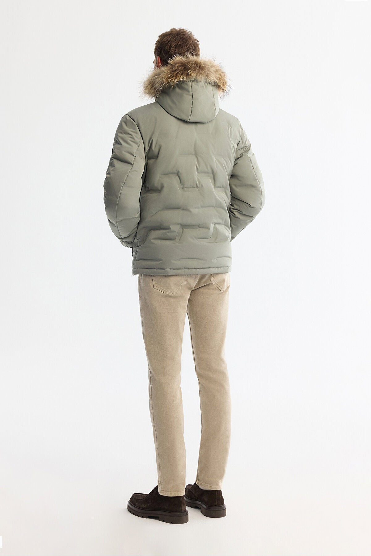 Erkek Nil Yeşili Kapüşonlu Su İtici Rüzgar Geçirmez Kaz Tüyü Şişme Comfort Fit Mont A42Y6010