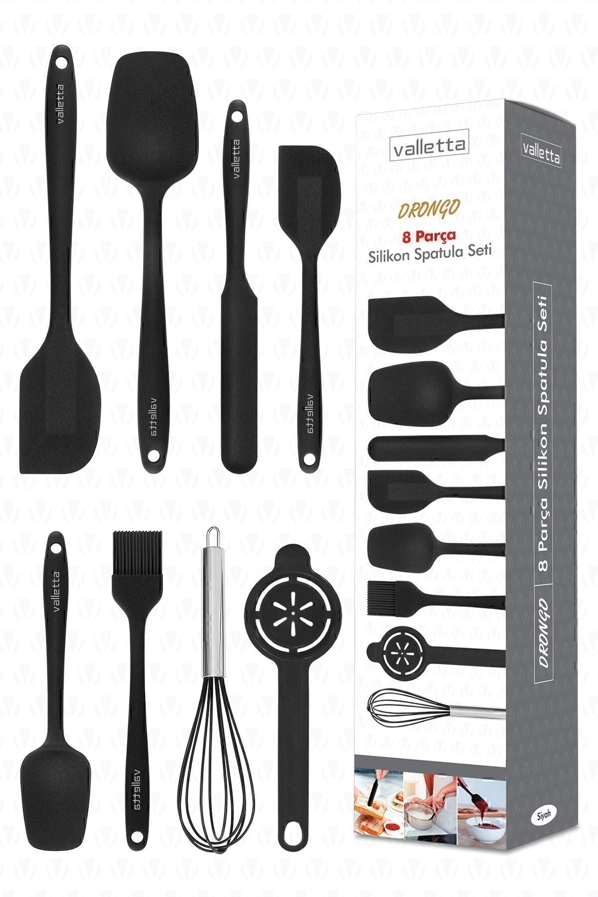 Drongo Heat Resistant Fireproof Non-stick Silicone Spatula Set 8 Pieces Black