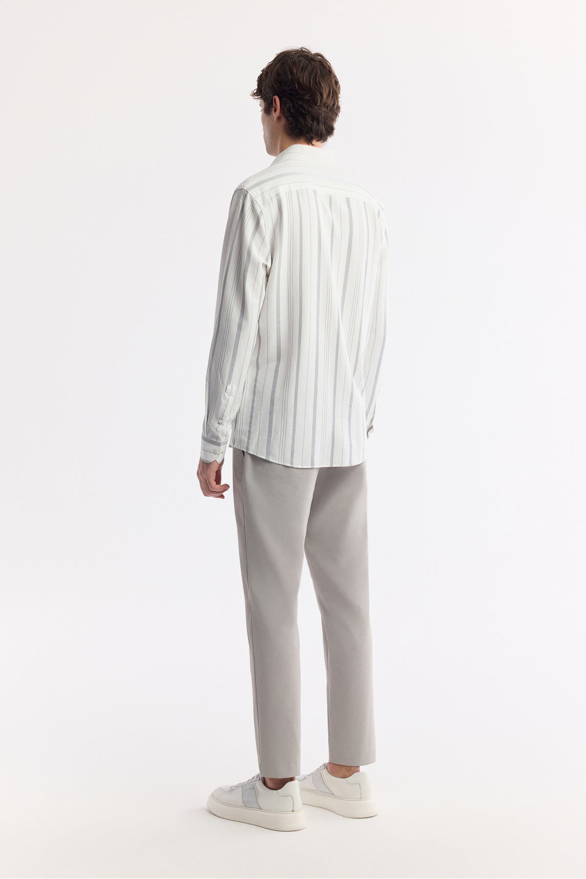 Erkek Gri Alttan Britli Yaka Gofreli Çizgili Regular Fit Gömlek A51Y2094