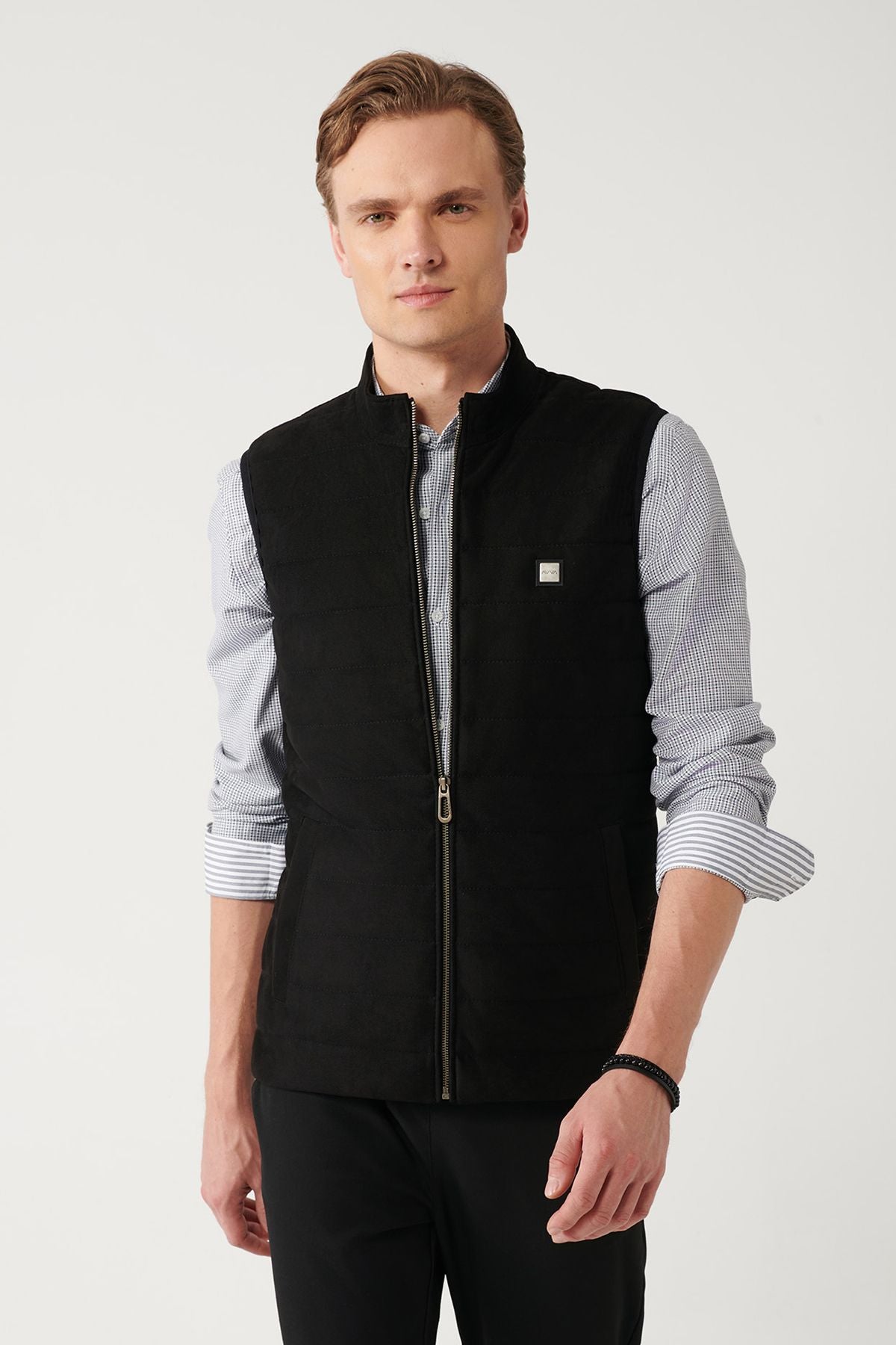 Men's Black Stand Collar Quilted Suede Look Vest A32y6510