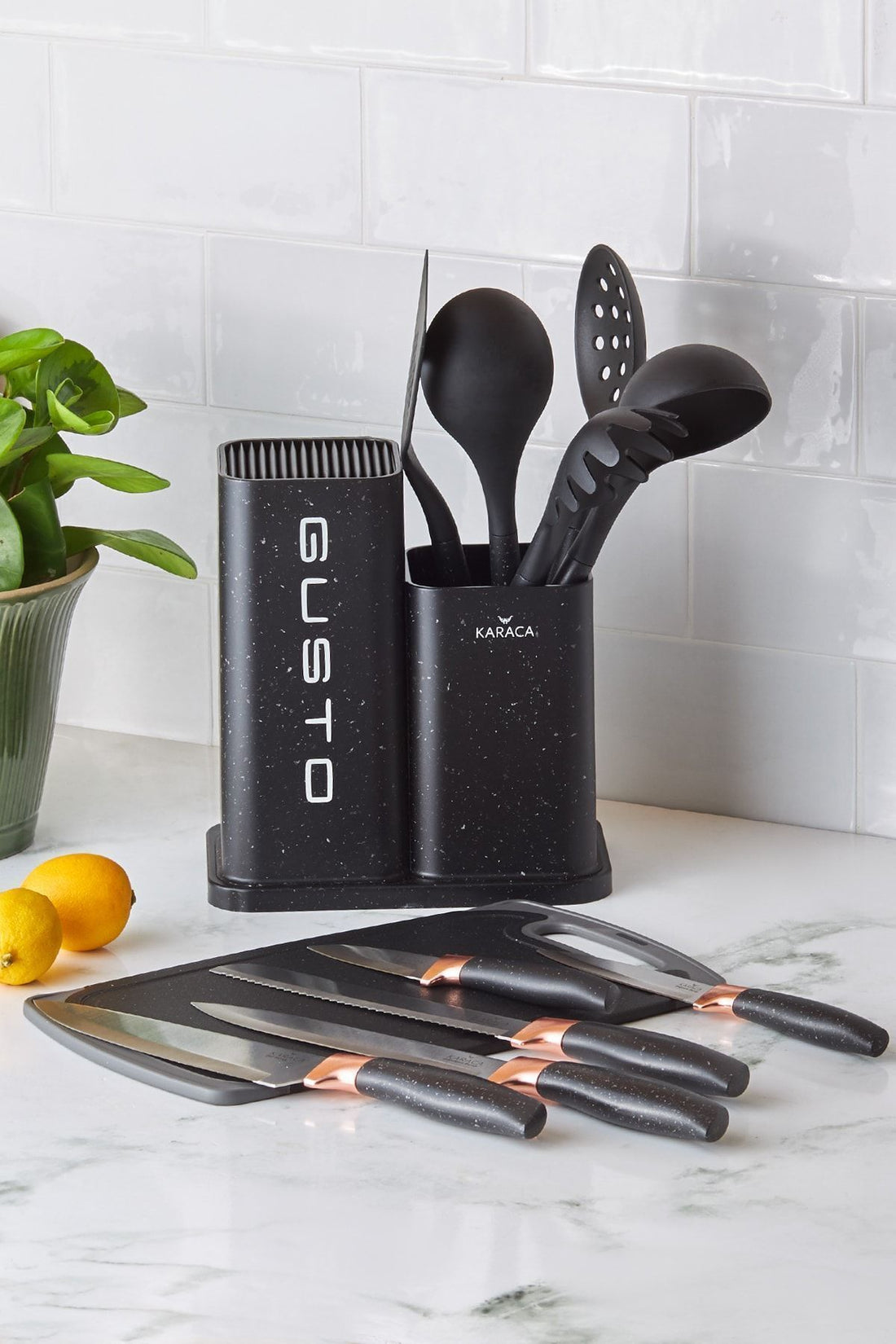 Gusto Black 12 Piece Knife Serving Cutting Board Set