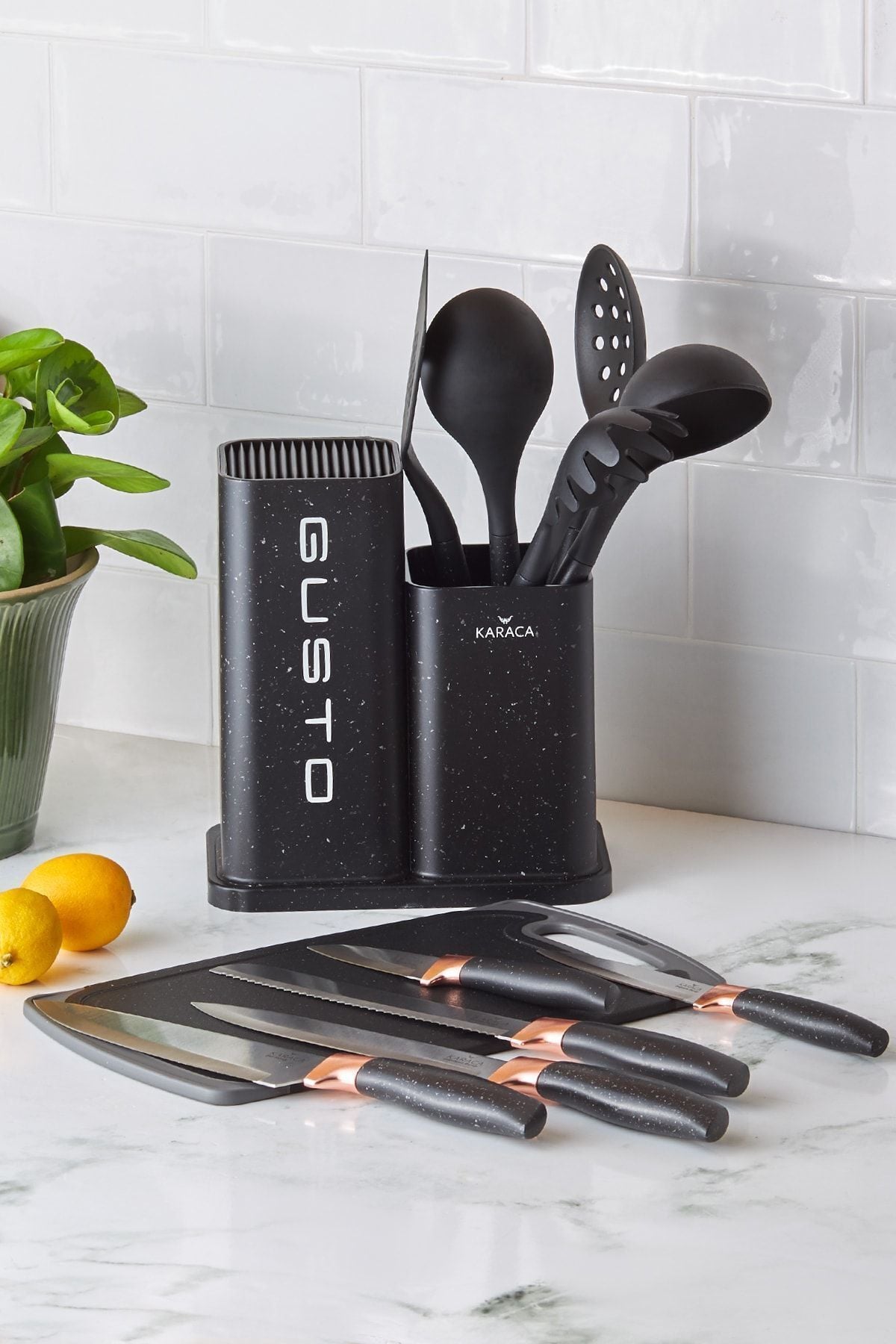 Gusto Black 12 Piece Knife Serving Cutting Board Set