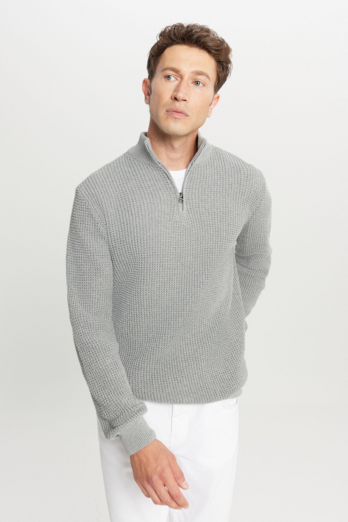 Men's Grey Melange Cotton Standard Fit Regular Fit Zipper Bato Collar Jacquard Knitwear Sweater