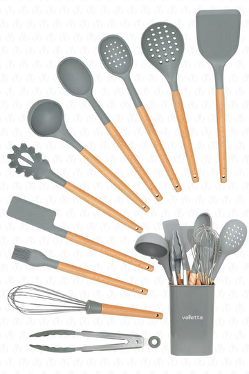 Mattis Heat Resistant Silicone Fireproof Non-stick 11 Piece Serving Set Grey With Stand