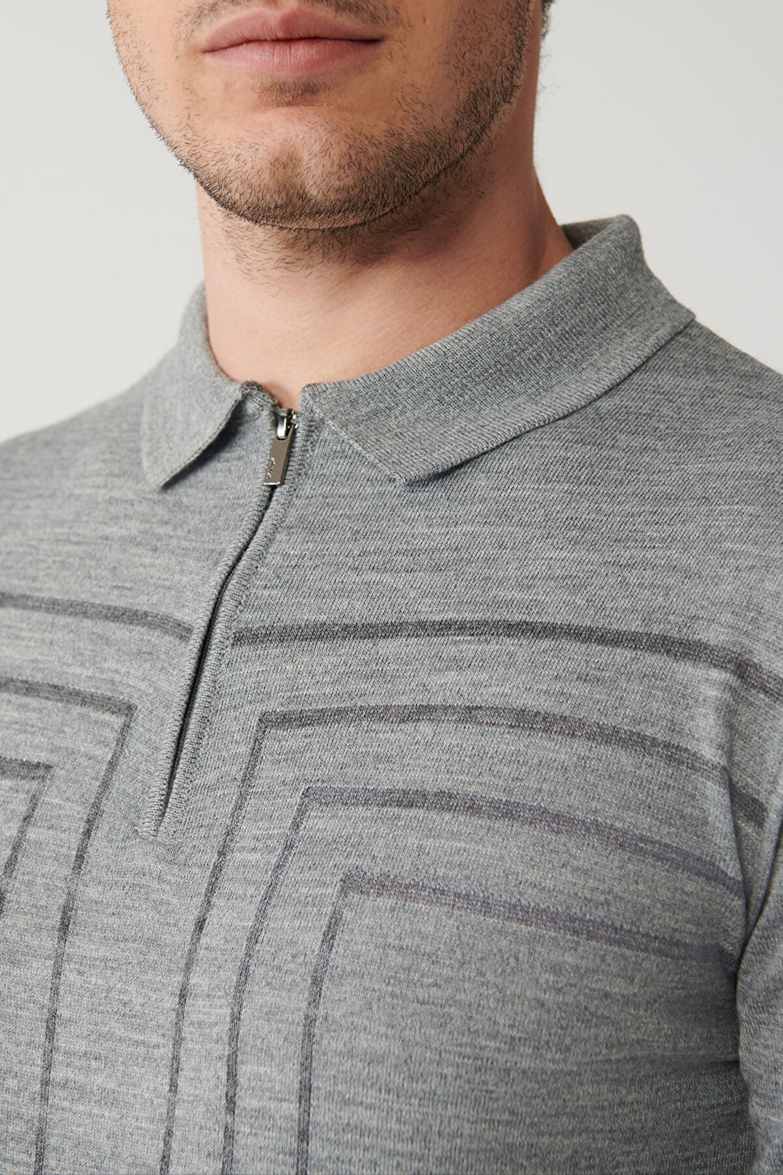 Men's Grey Zipper Wool Blend Striped Knitwear Sweater A32Y5094