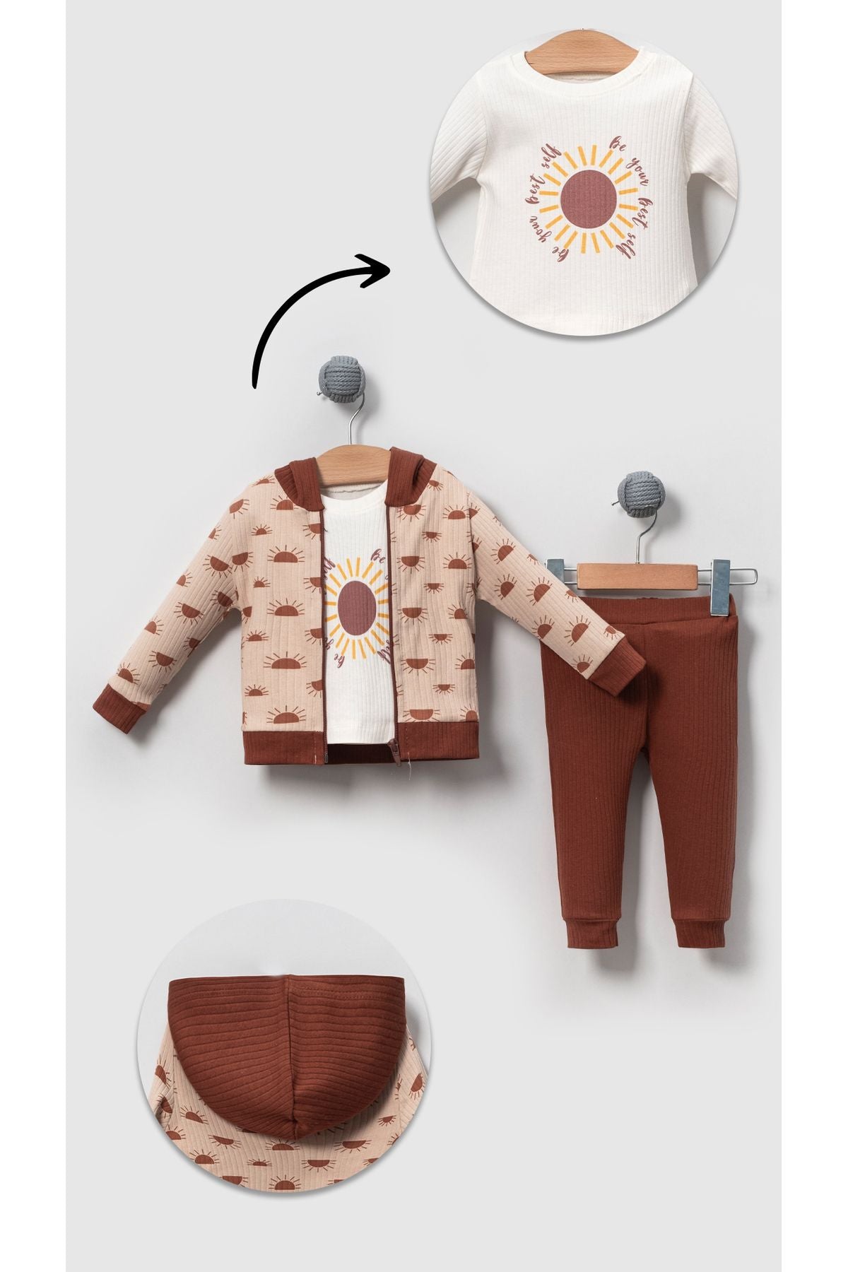 Sun Patterned Cotton Baby 3-Piece Bottom Suit-Brown