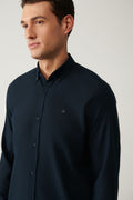 Men's Navy Blue Shirt 100% Cotton Slim Soft Buttoned Collar Long Sleeve Regular Fit E002206