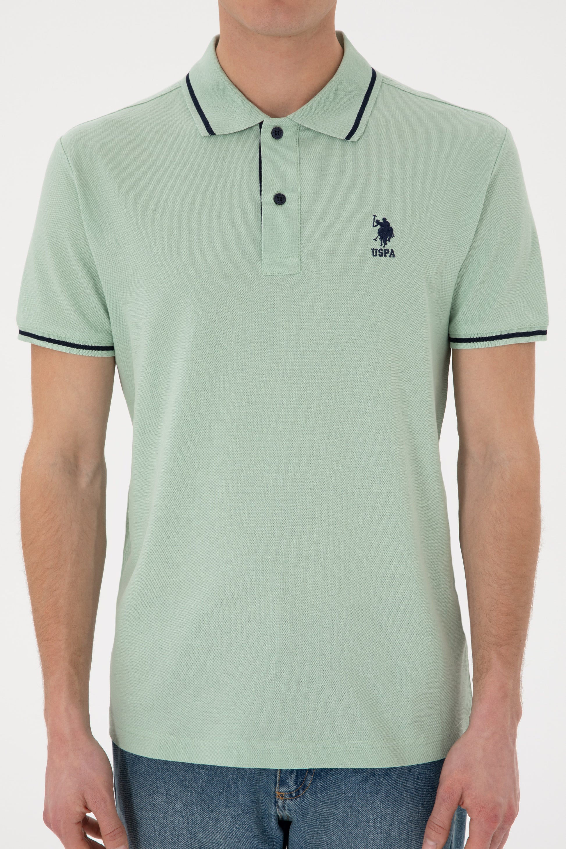 Men's Slim Fit Polo Neck Water Green Basic T-Shirt
