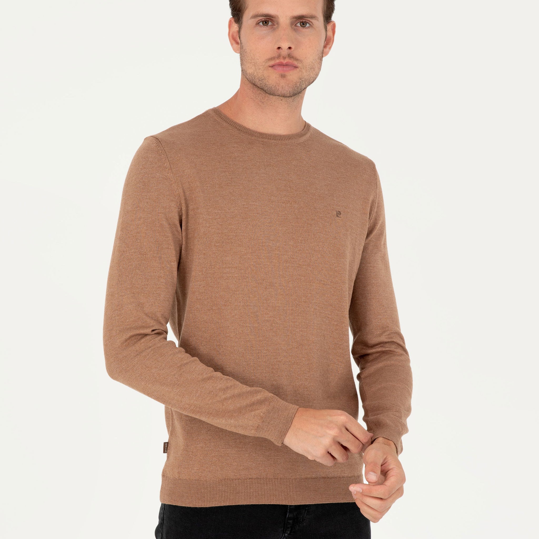 Camel Melange Slim Fit Crew Neck Basic Sweater