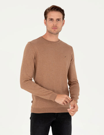 Camel Melange Slim Fit Crew Neck Basic Sweater