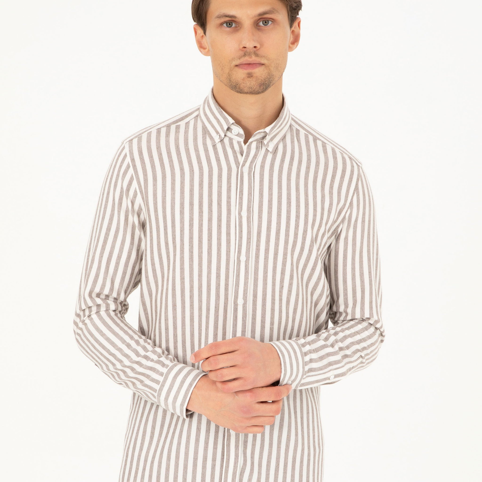 Brown Regular Fit Striped Long Sleeve Shirt