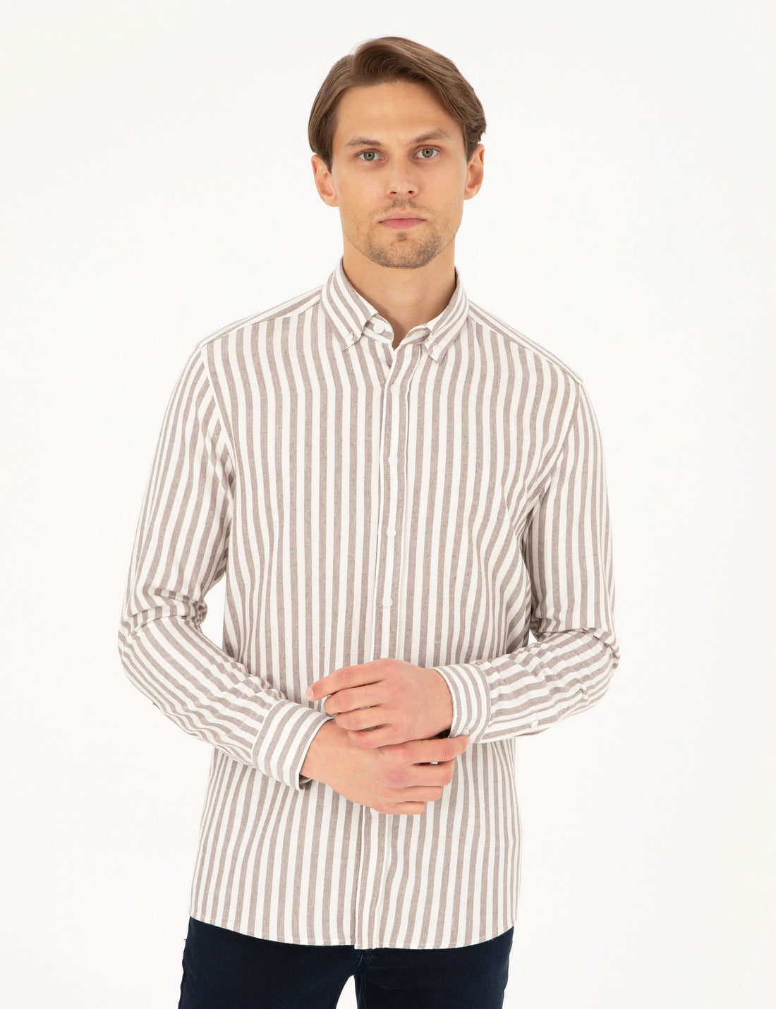 Brown Regular Fit Striped Long Sleeve Shirt