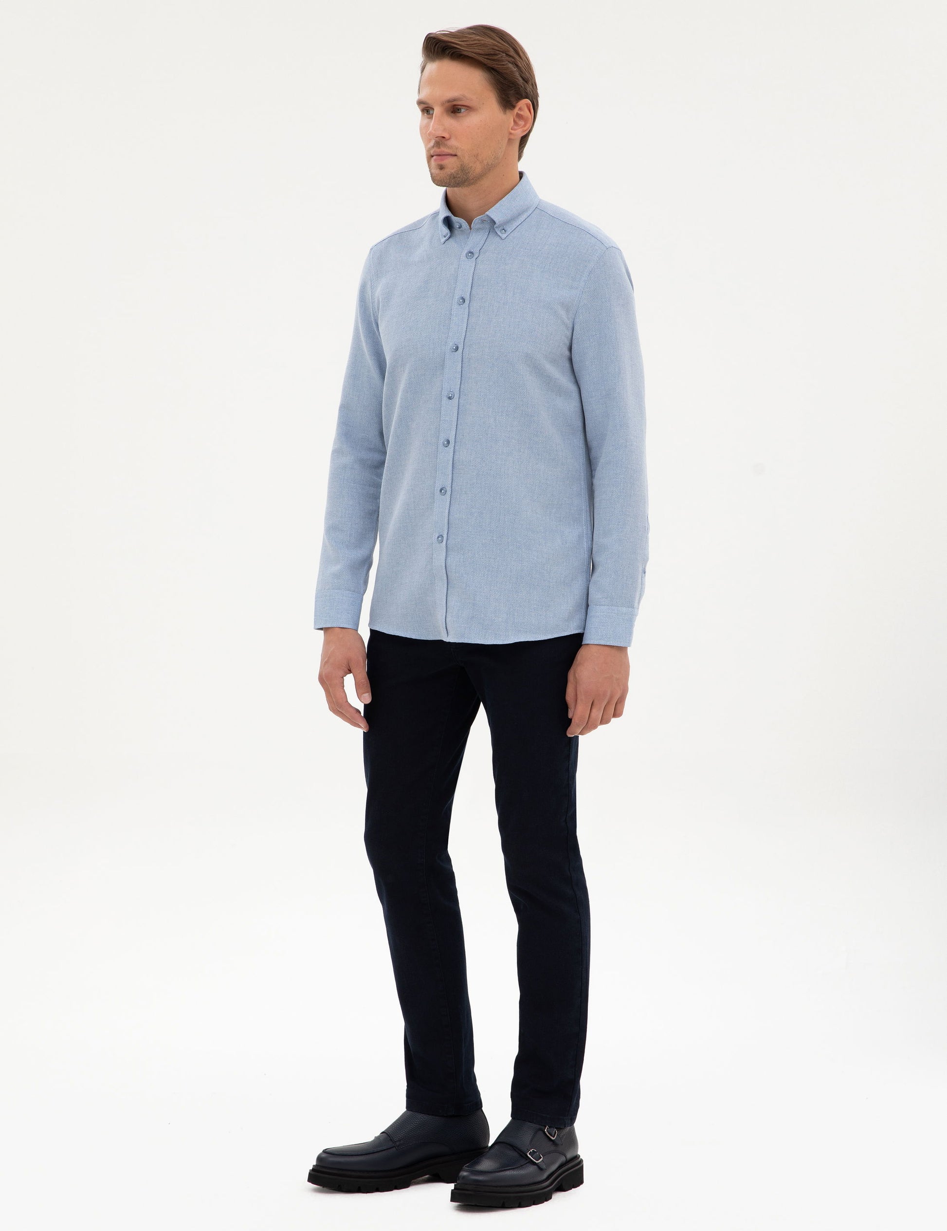 Mavi Slim Fit Dokulu Uzun Kollu G��mlek