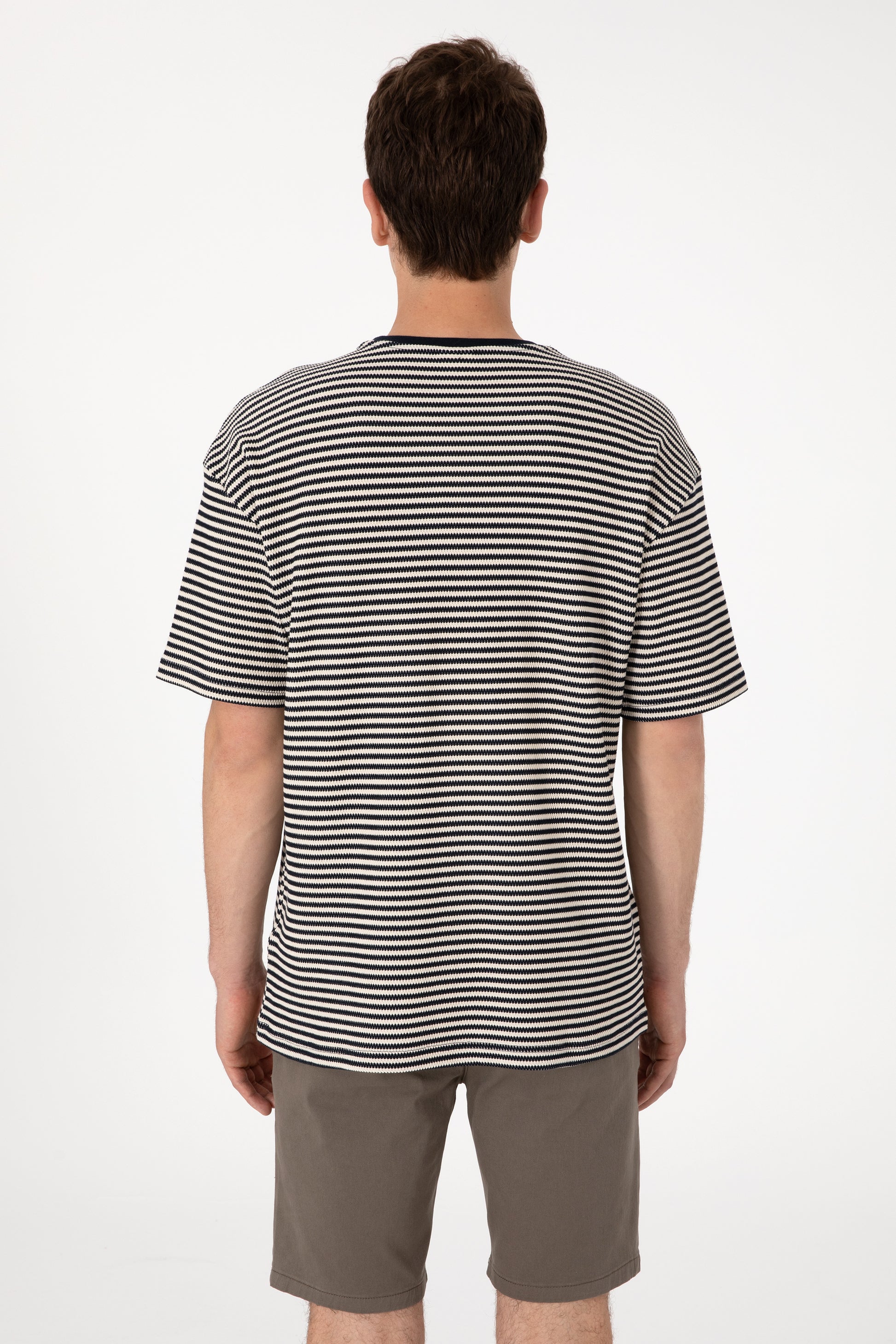 Men's Comfort Fit Crew Neck Navy Knit Patterned T-Shirt
