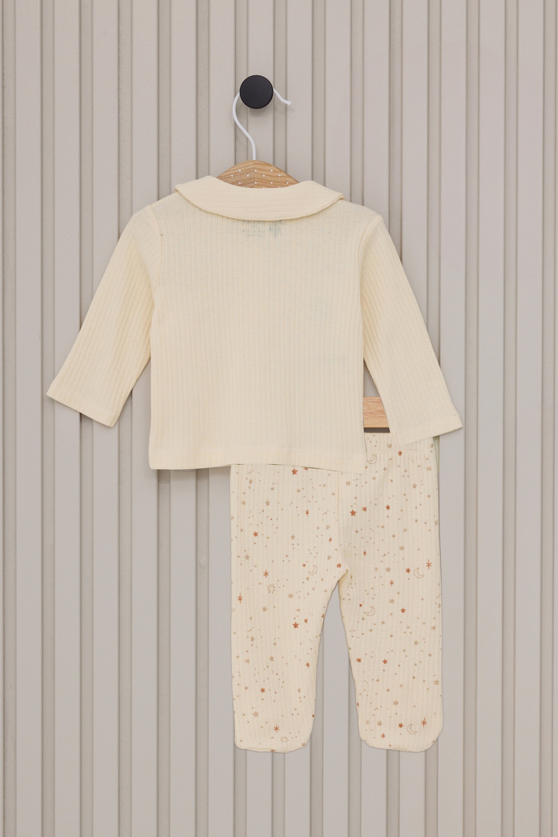 Baby Girl Cream Sky Pattern Ribbed 100% Cotton 3-Piece Pajama Set