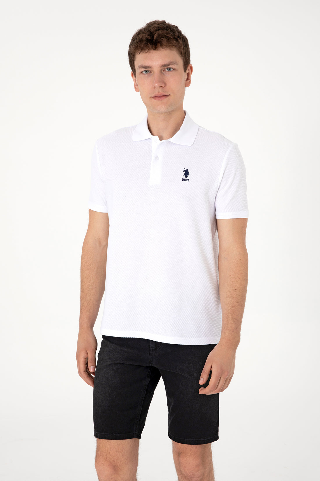 Men's Regular Fit Polo Neck White Textured T-shirt
