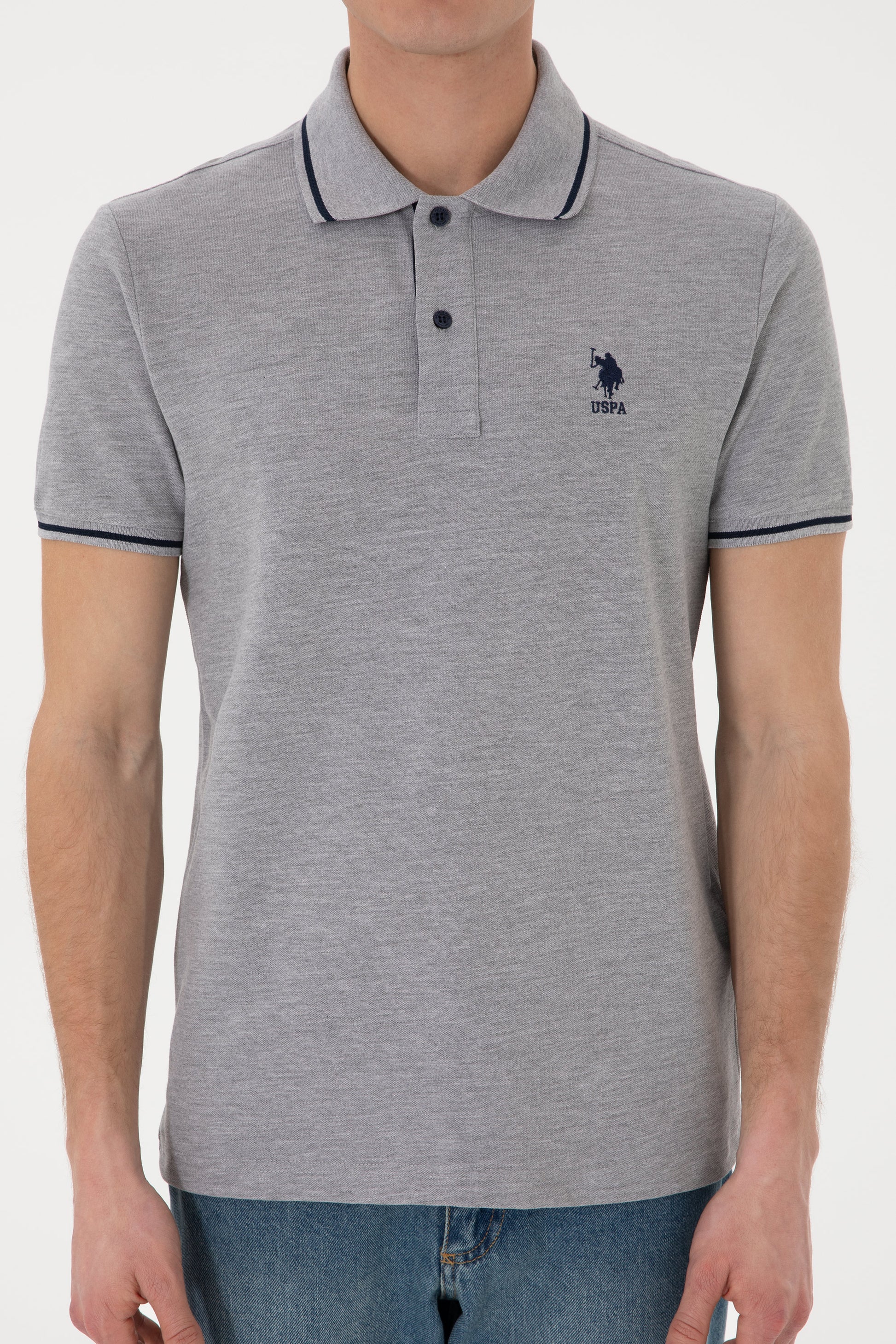 Men's Slim Fit Polo Neck Grey Melange Basic T-Shirt