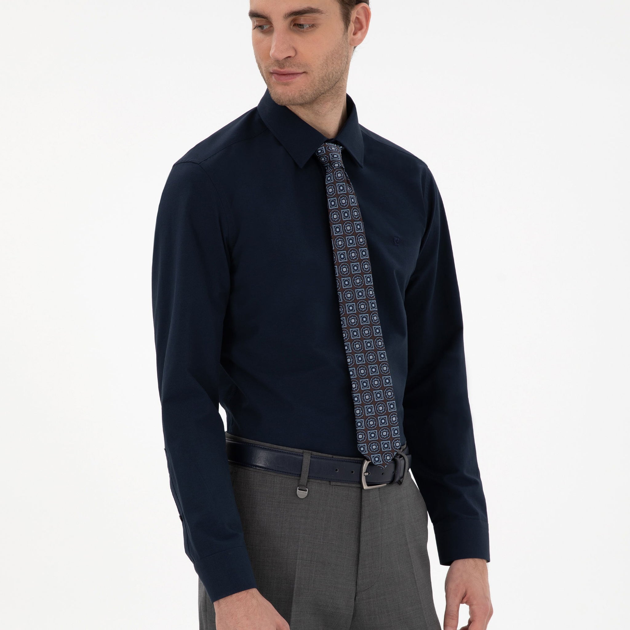 Navy Blue Slim Fit Long Sleeve Basic Shirt