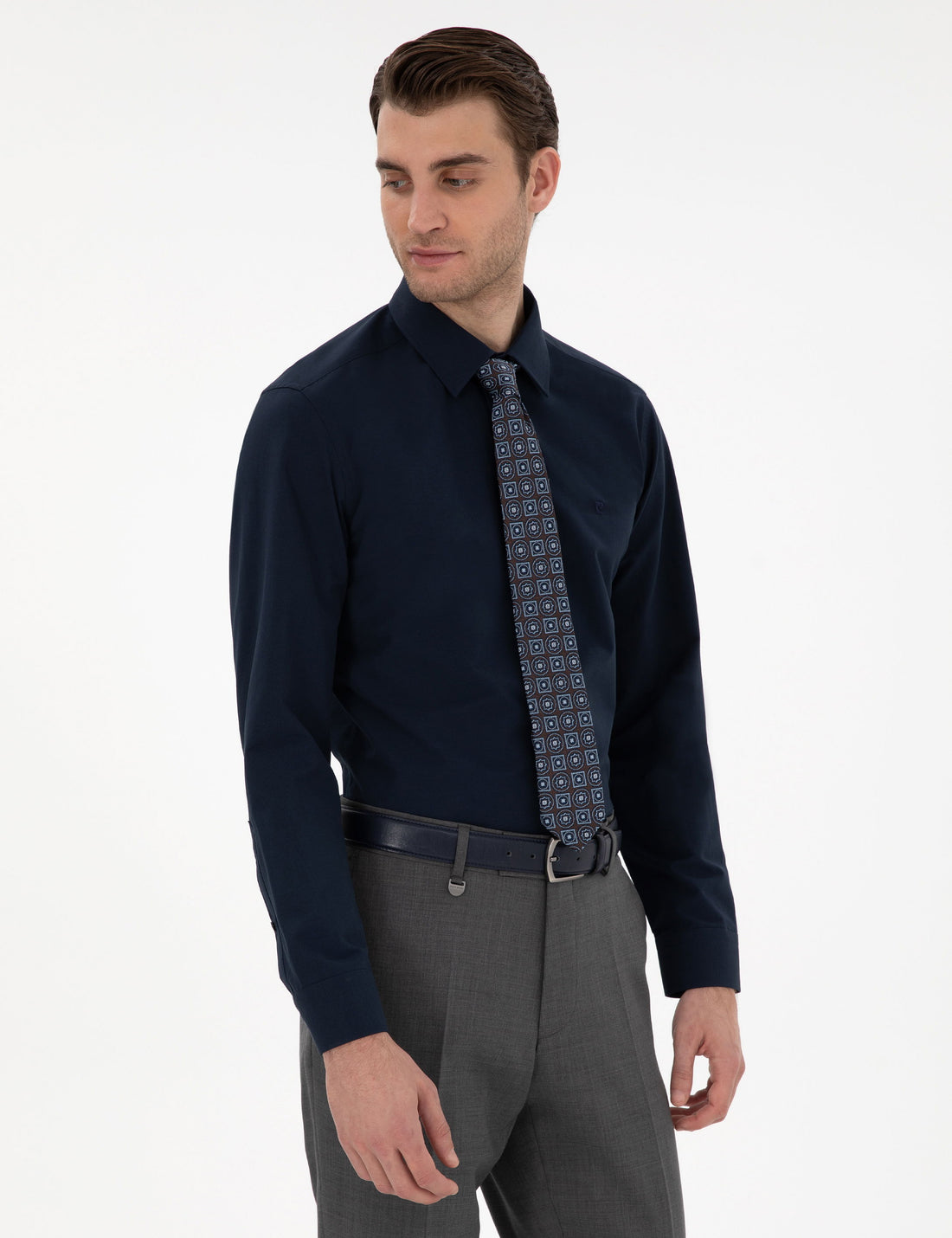 Navy Blue Slim Fit Long Sleeve Basic Shirt