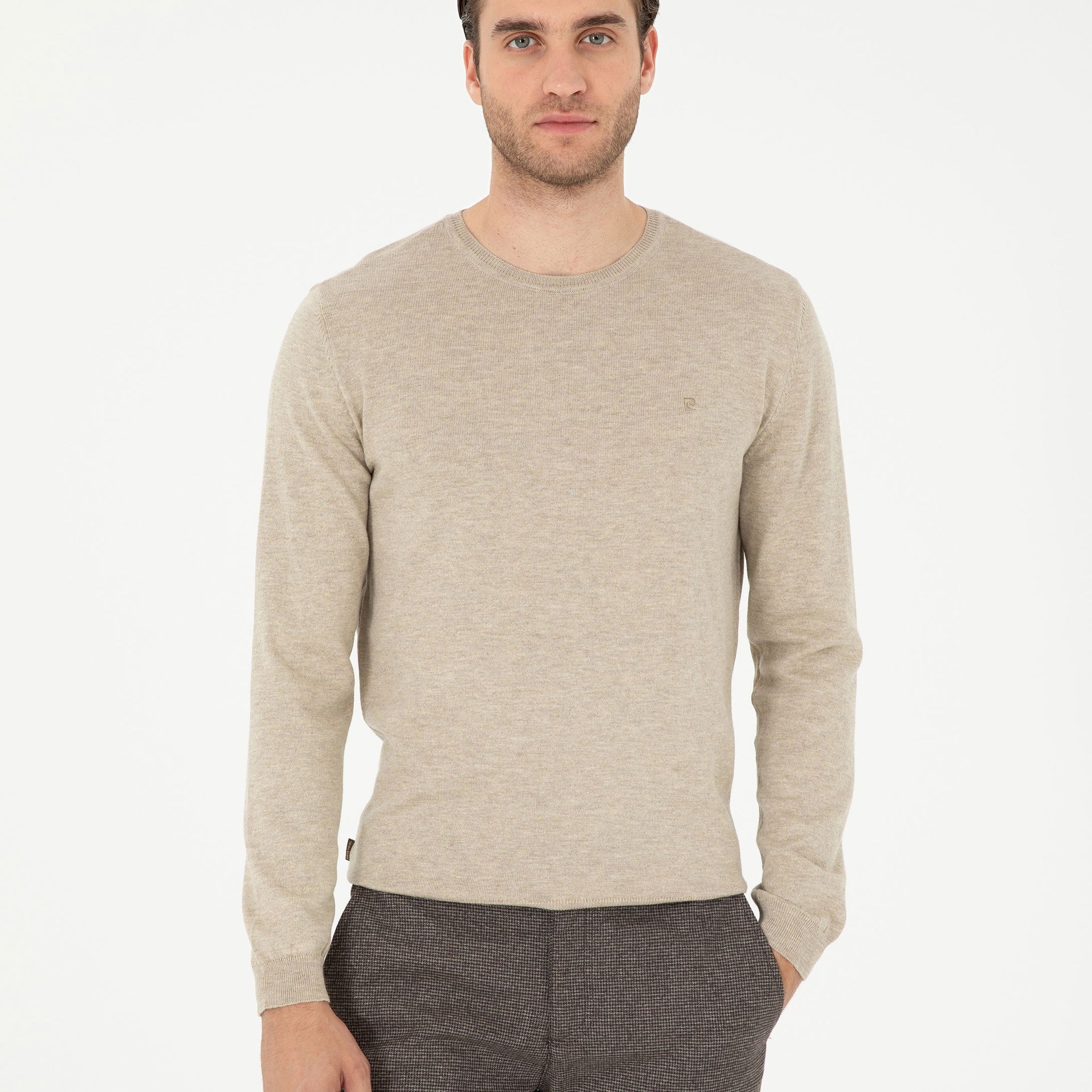 Sand Melange Slim Fit Crew Neck Basic Knitwear Sweater