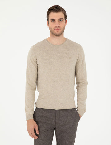 Sand Melange Slim Fit Crew Neck Basic Knitwear Sweater